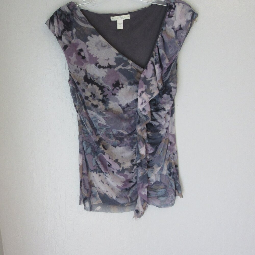 WESTON WEAR Purple Floral Pattern Small Sleeveless Ruched Lined Blouse